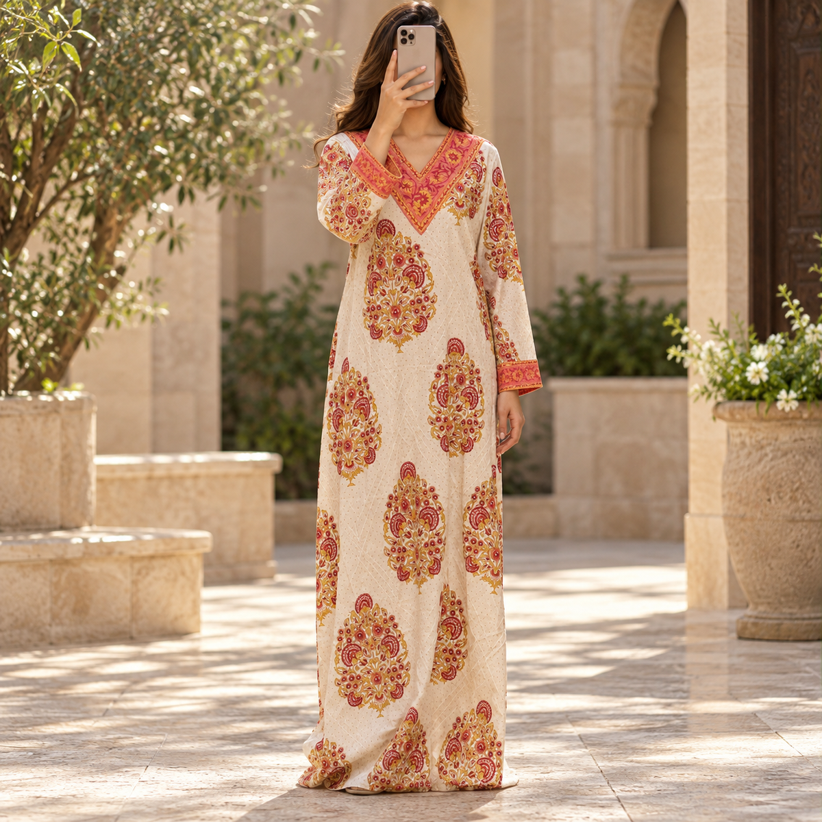 S/M Leila Crystal Printed Cotton Long Dress Jalabiya – 57