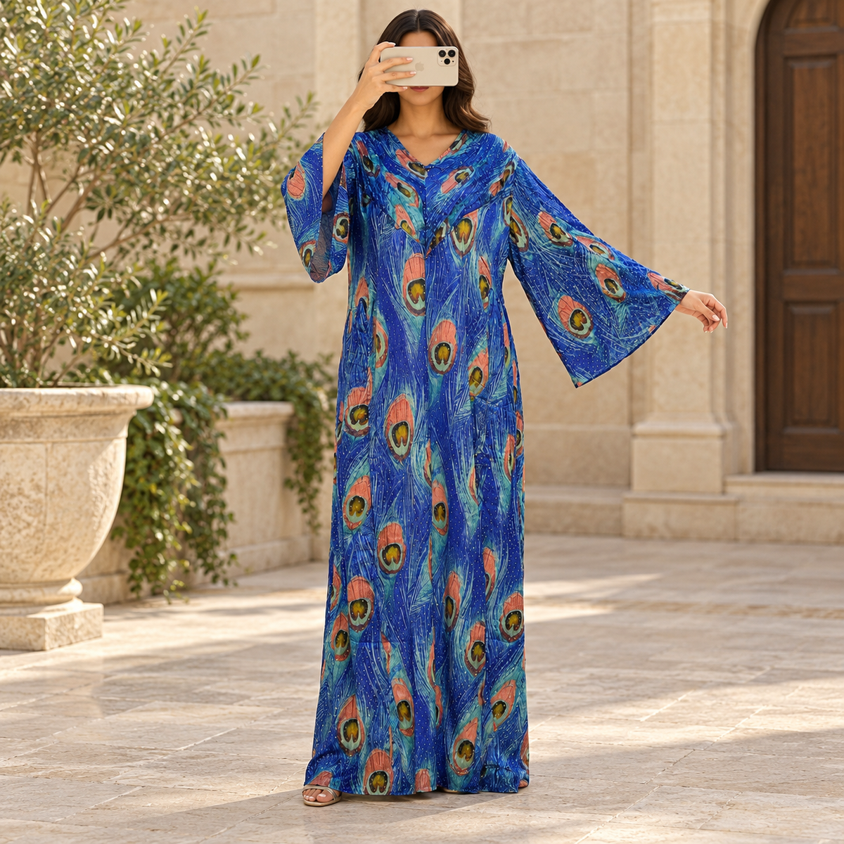 L/XL Zaheera Silk Crystal Printed Dress 57" Long Jalabiya