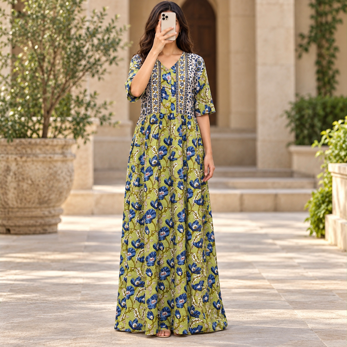 L/XL Rahaf Crystal Printed Cotton Long Dress Jalabiya – 57"