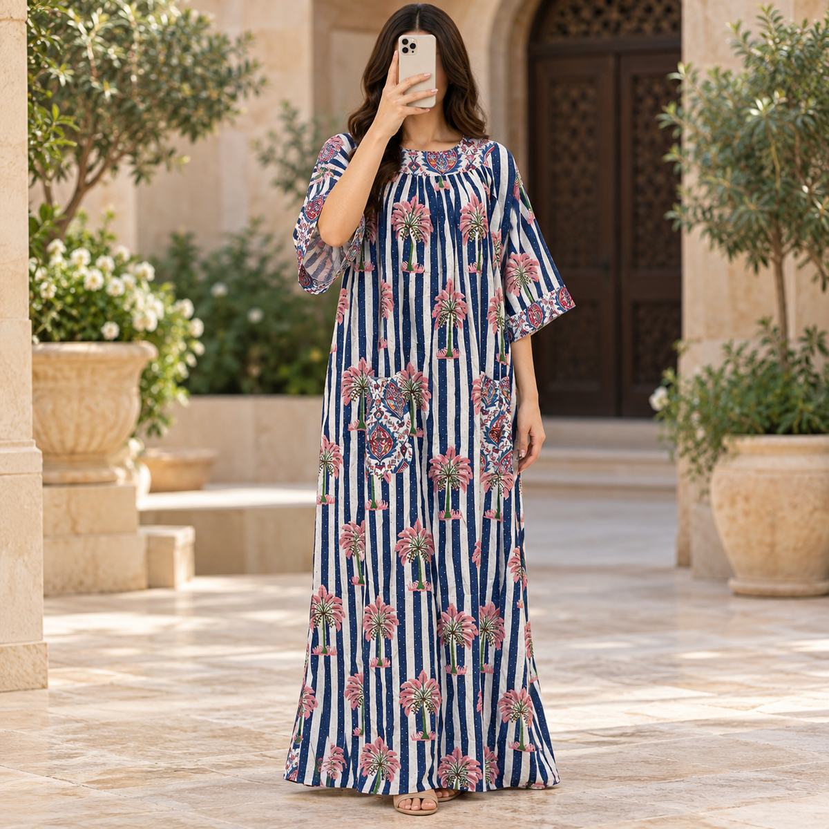 2XL/3LXL Nawaar Crystal Printed Cotton Long Dress Jalabiya – 57