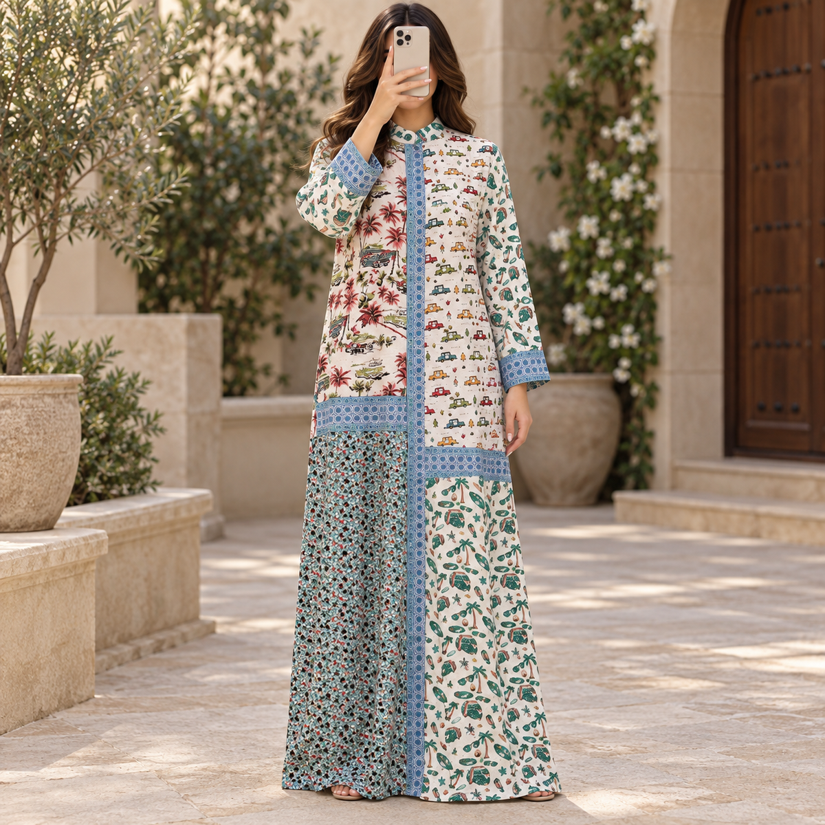 S/M Aquamarine Crystal Printed Cotton Long Dress Jalabiya – 57