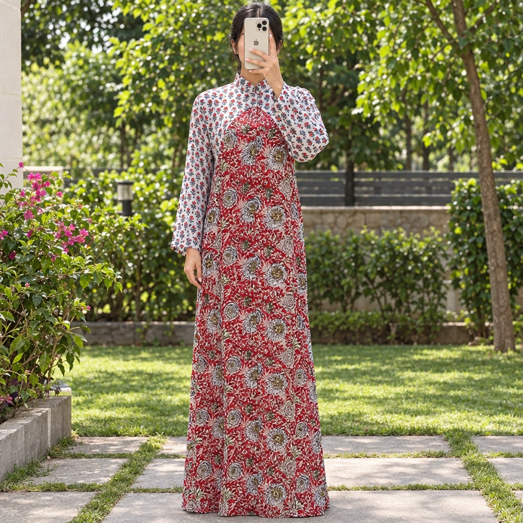 L-XL Crystal Honey Printed Cotton Long Dress Jalabiya – 57