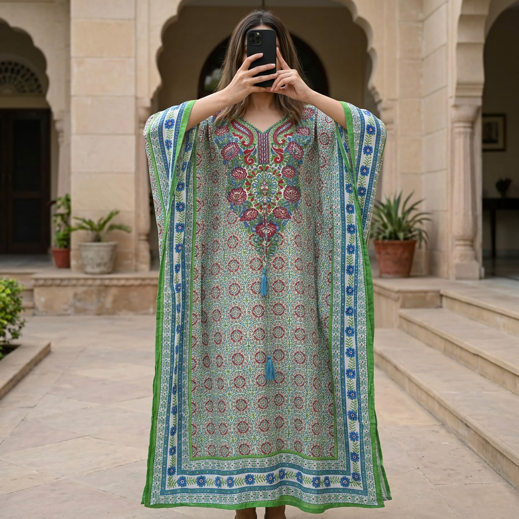 Free Size Crystal Farasha Printed Cotton Long Dress Jalabiya – 57"