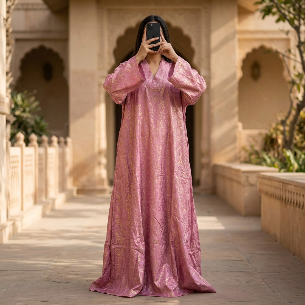 L-XL Teena Crystal Printed Silk Dress 57" Long Jalabiya