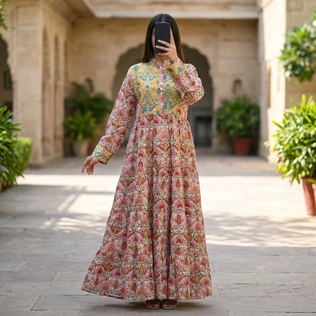 S/M Crystal Safia Printed Cotton Dress 57" Long Jalabiya