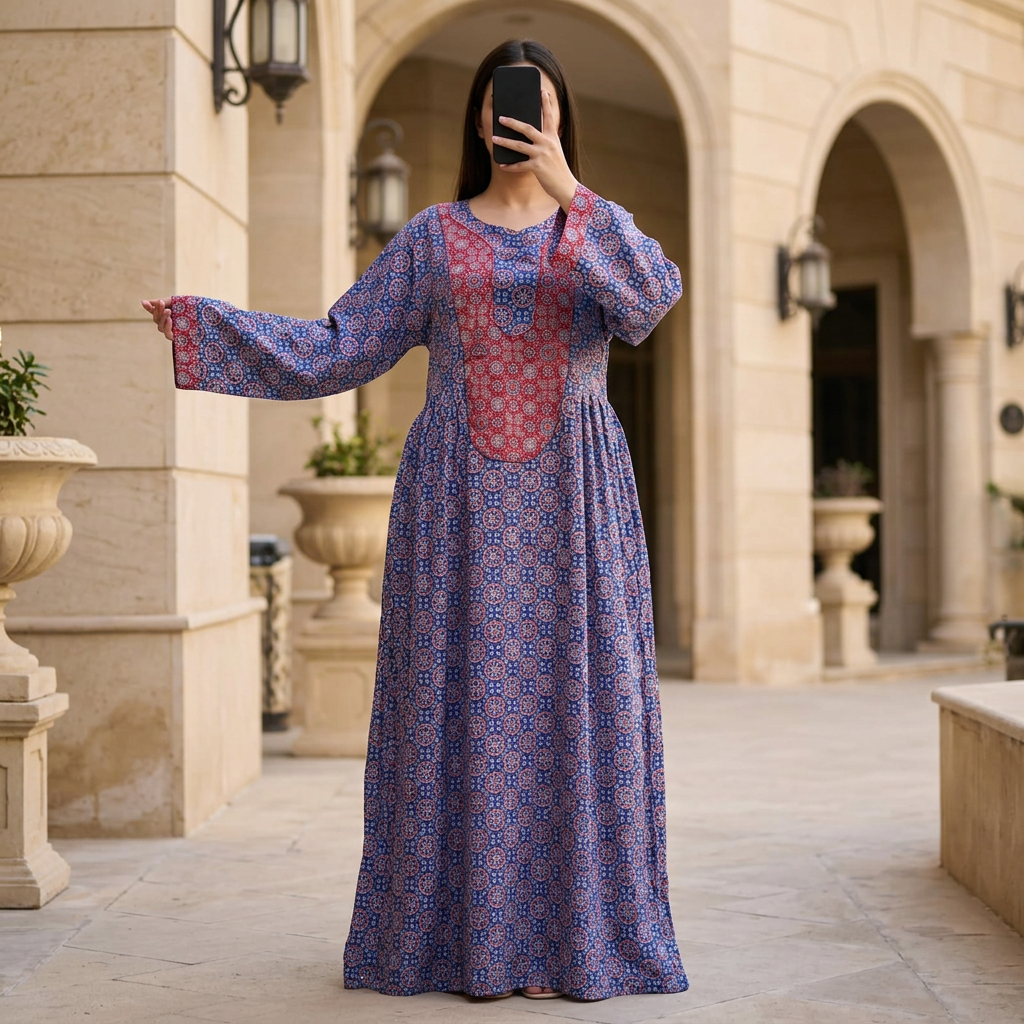 S/M Crystal Suf Printed Cotton Dress 57" Long Jalabiya
