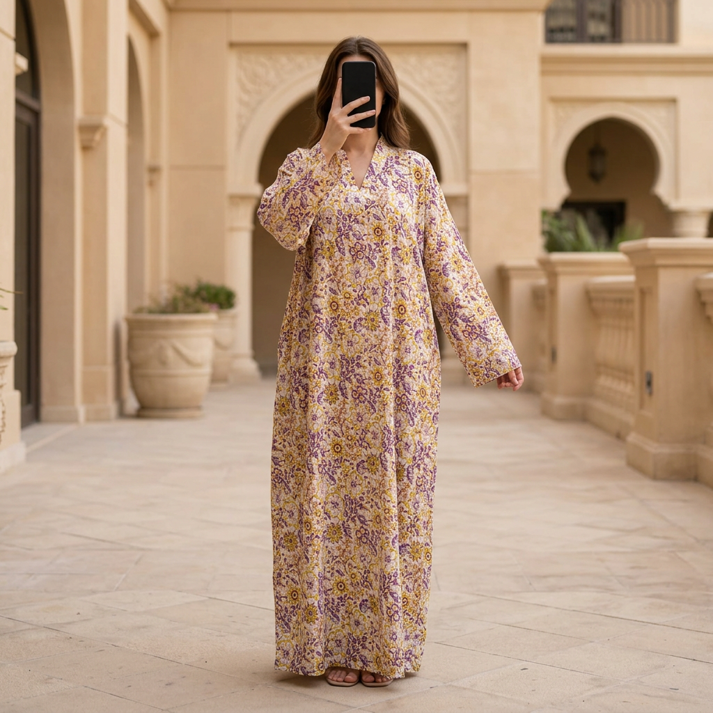 2XL-3XL Crystal Teena Printed Cotton Long Dress Jalabiya – 57"