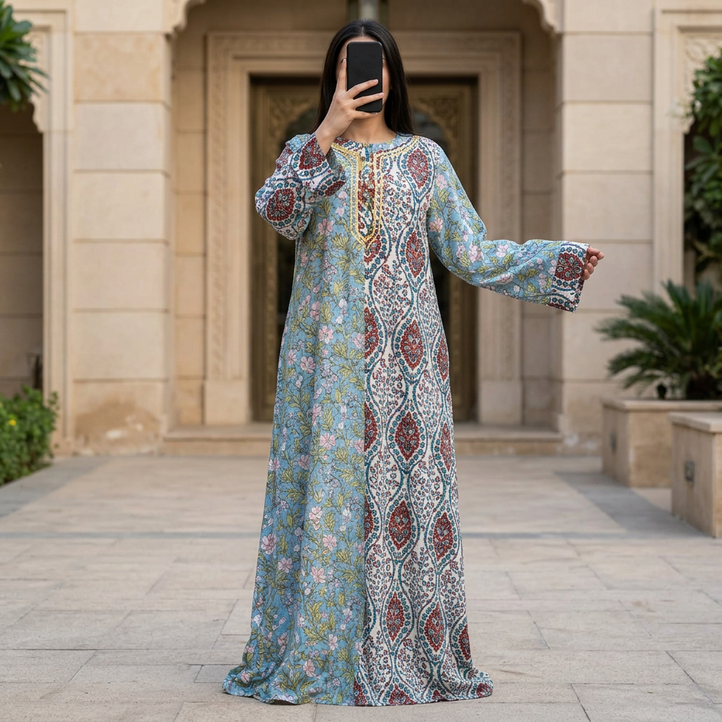 L/XL Crystal Noorain Printed Cotton Dress 57" Long Jalabiya