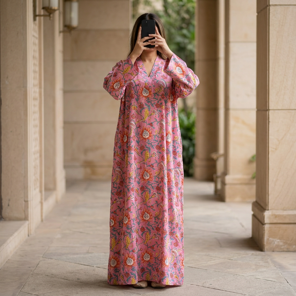 L/XL Crystal Teena Printed Cotton Dress 57" Long Jalabiya
