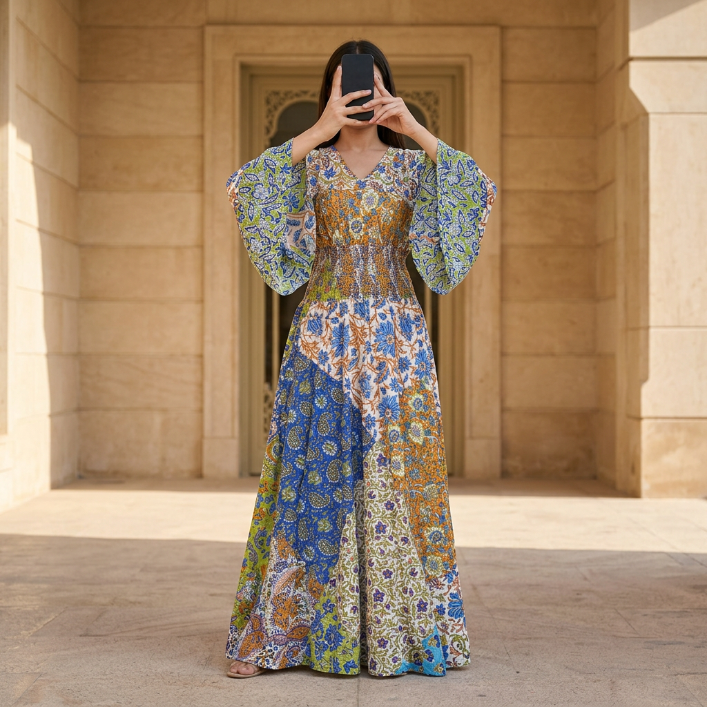 S/M Crystal Musira Printed Cotton Dress 57" Long Jalabiya