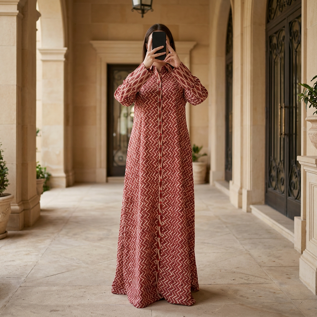 S/M Crystal Tansy Printed Cotton Dress 57" Long Jalabiya