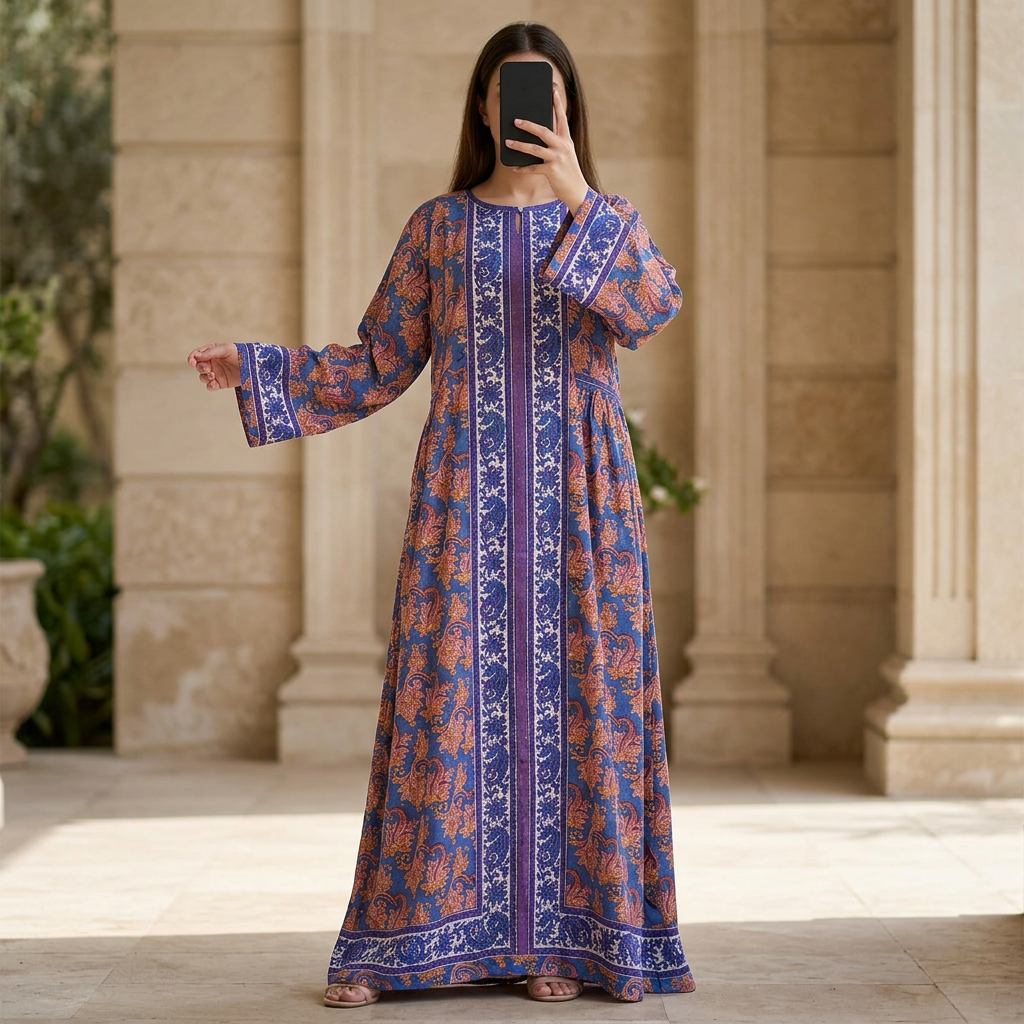 S/M Crystal Bhopali Printed Cotton Dress 57" Long Jalabiya