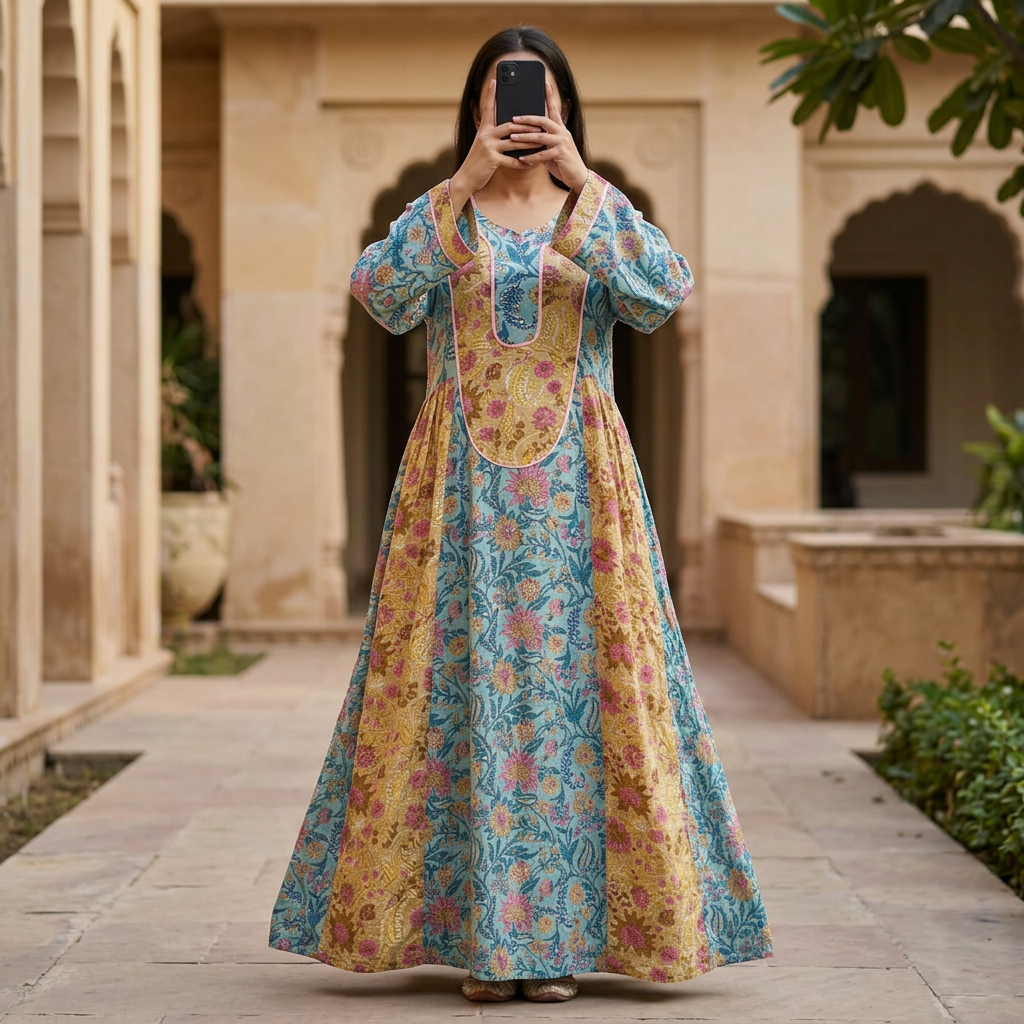L/XL Crystal Suf Printed Cotton Dress 57" Long Jalabiya
