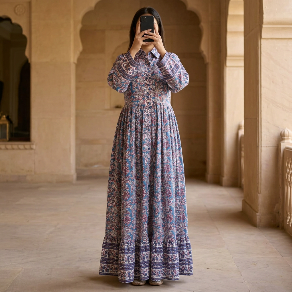 S/M Crystal Ana Printed Cotton Dress 57" Long Jalabiya