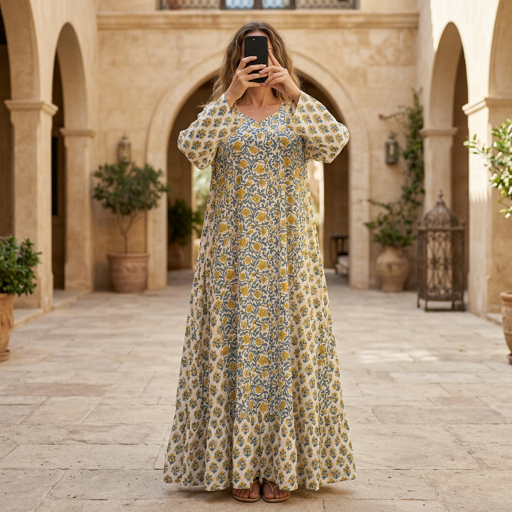 S/M Crystal Naija Printed Cotton Dress 57" Long Jalabiya