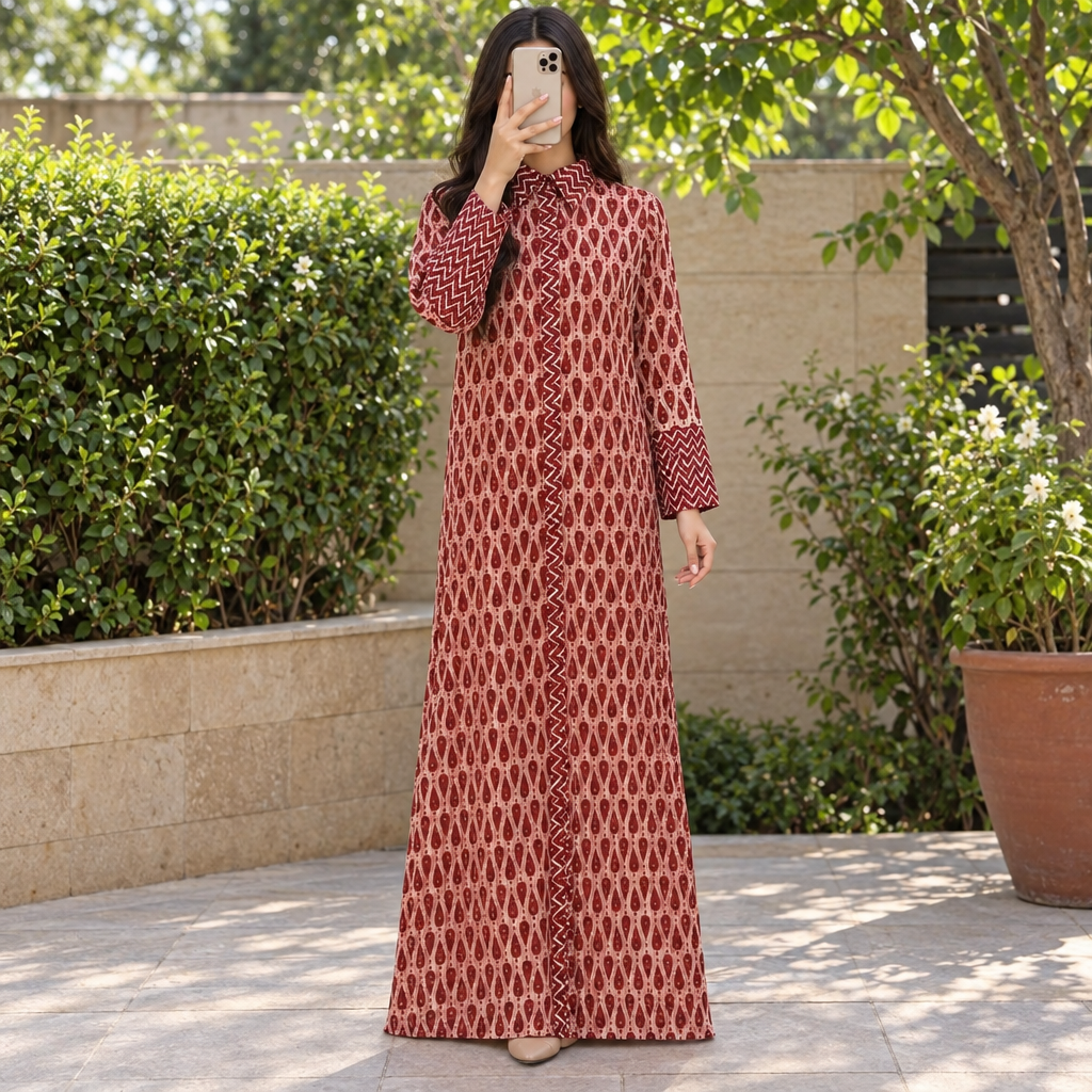 L/XL Crystal Tansy Printed Cotton Dress 57" Long Jalabiya