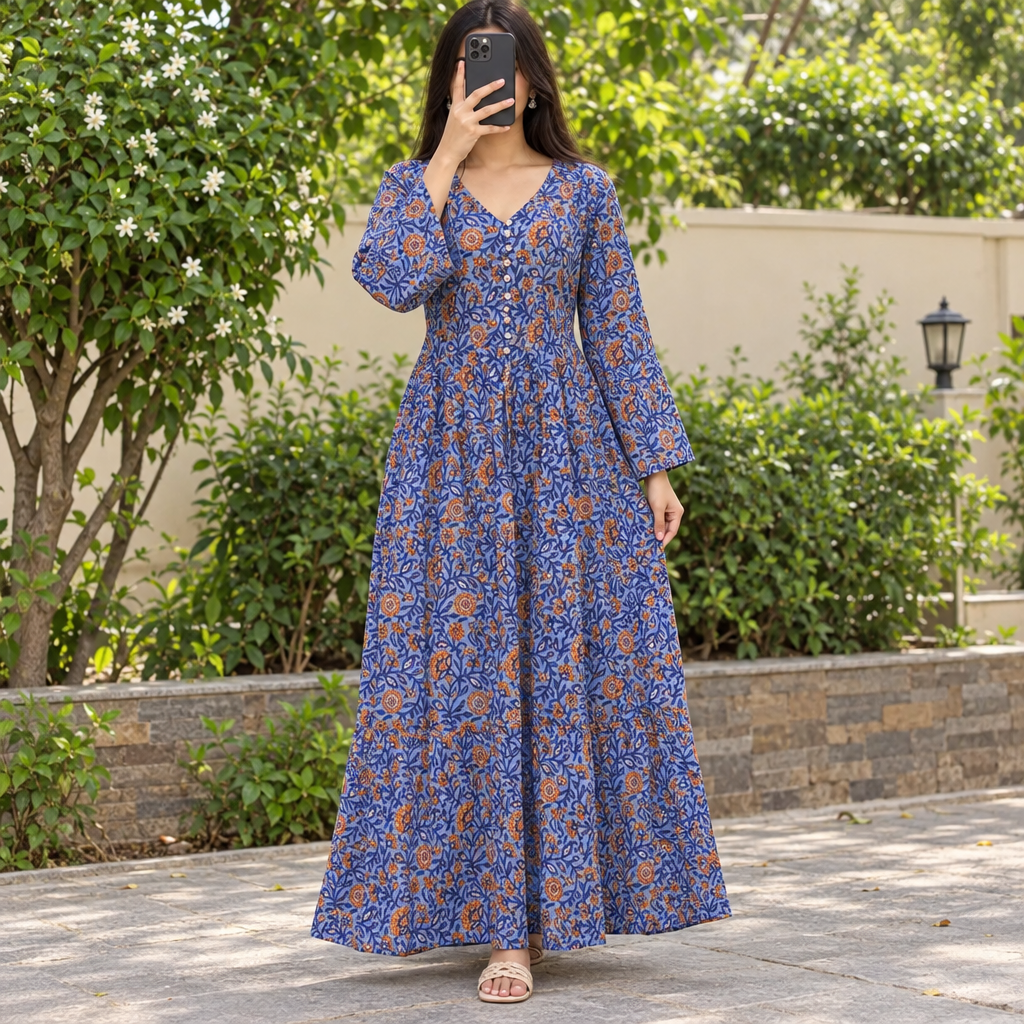 S/M Crystal Ari Printed Cotton Dress 57" Long Jalabiya