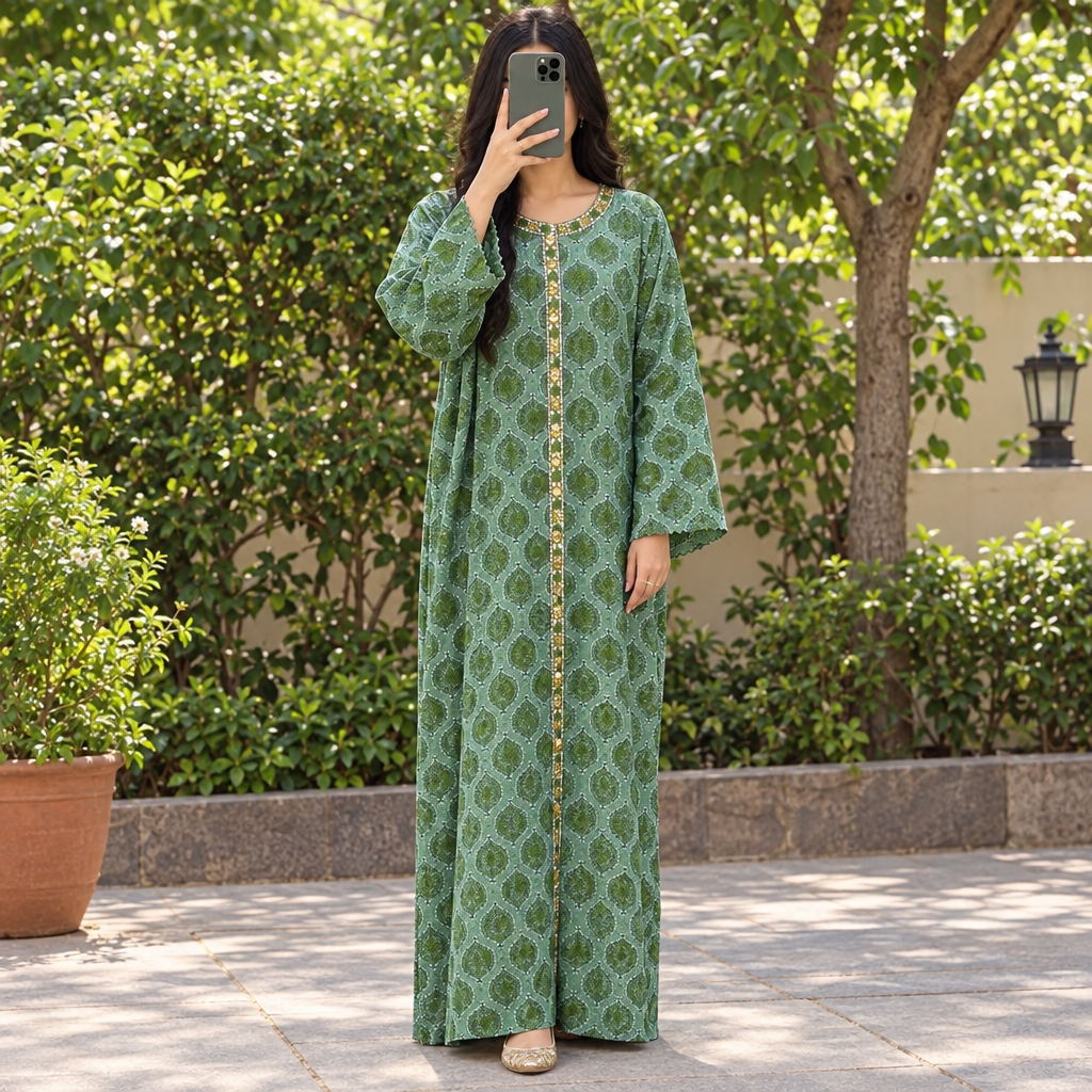 S/M Crystal Special Printed Cotton Dress 57" Long Jalabiya