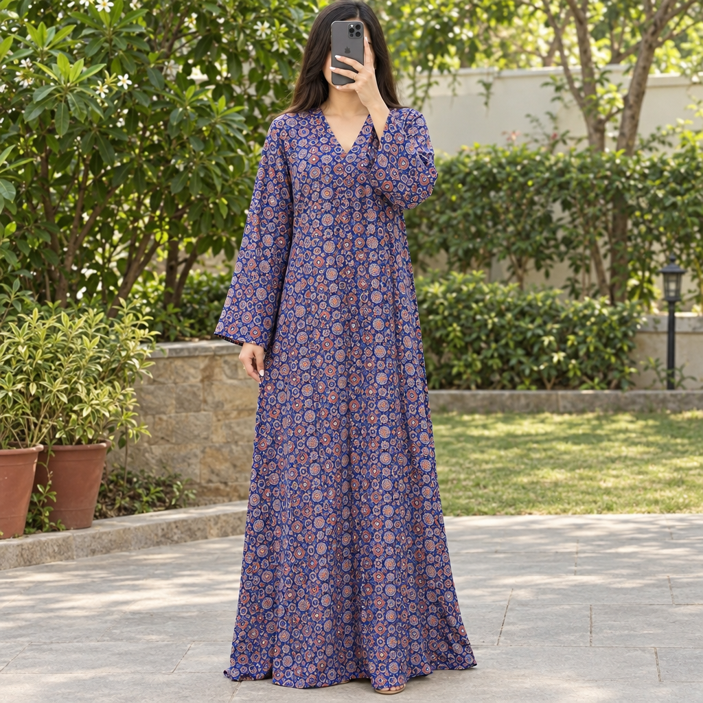 S/M Crystal Teena Printed Cotton Dress 57" Long Jalabiya