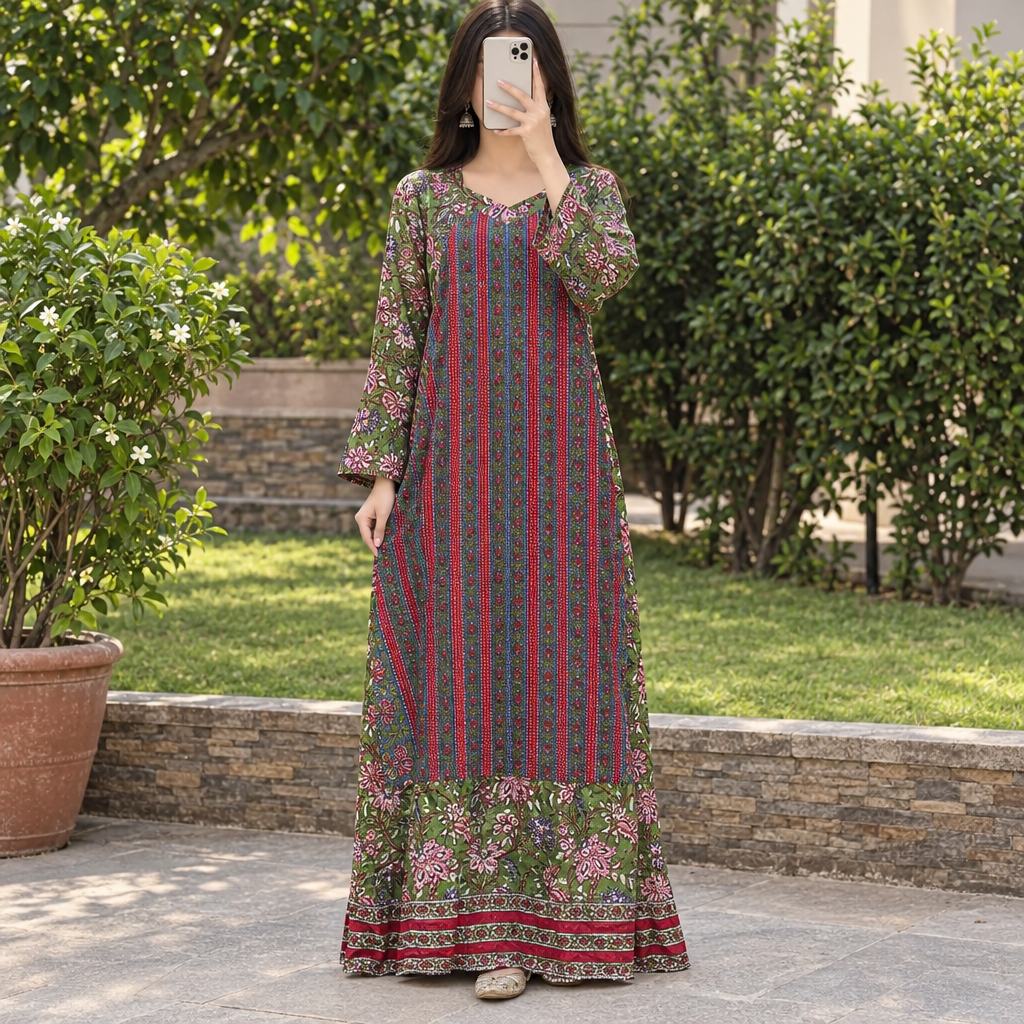 S/M Crystal Naija Printed Cotton Dress 57" Long Jalabiya