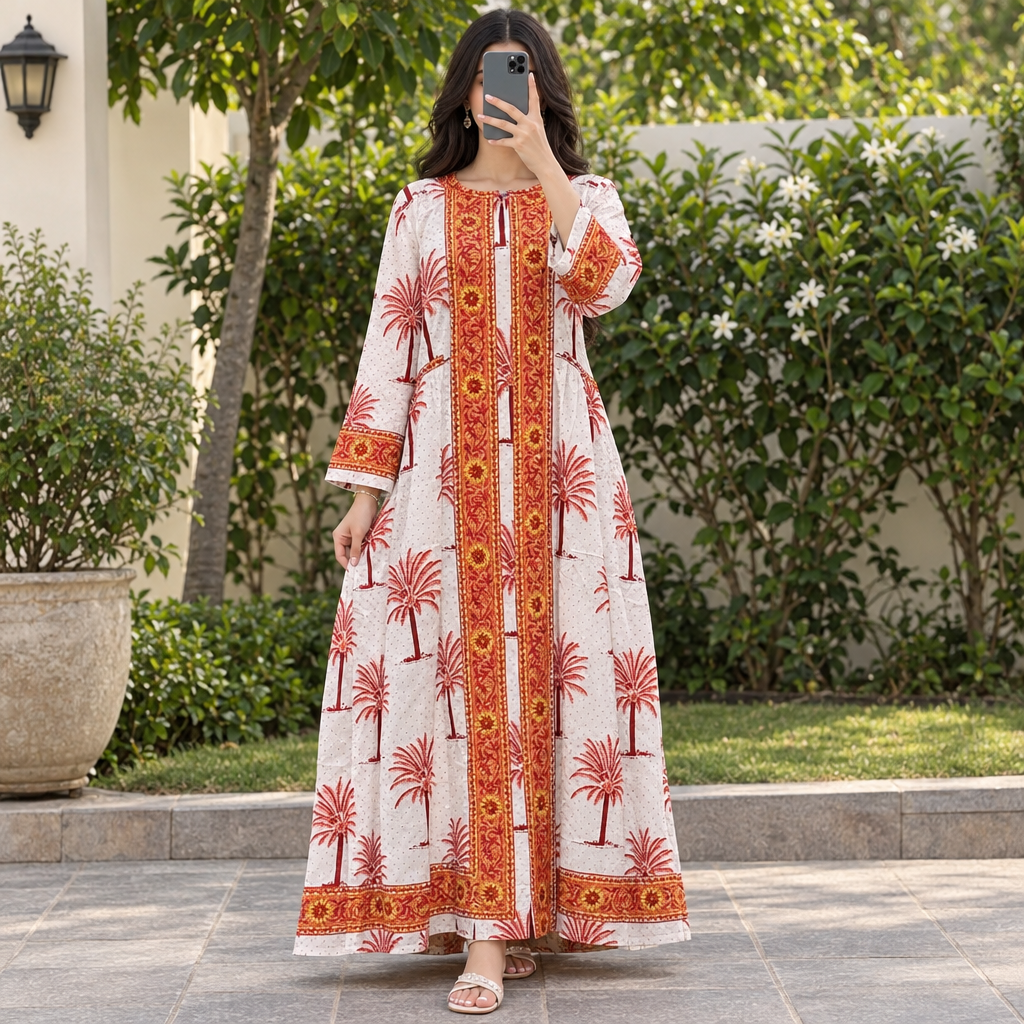 2XL-3XL Crystal Bhopali Printed Cotton Long Dress Jalabiya – 57"