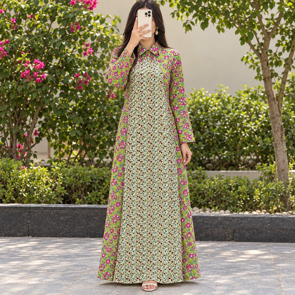 S/M Crystal Honey Printed Cotton Dress 57" Long Jalabiya