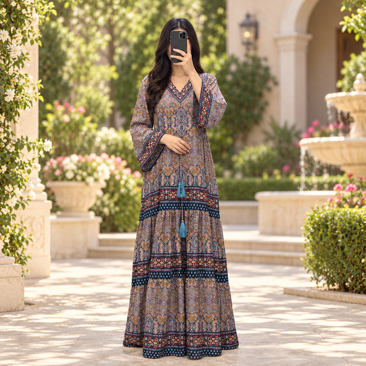L/XL Zuwena Printed Silk Long Dress Jalabiya – 57"