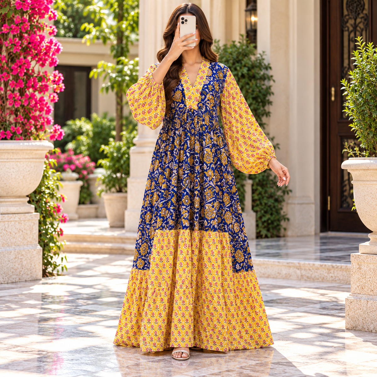 L-XL Bahira Printed Cotton Dress 57" Long Jalabiya
