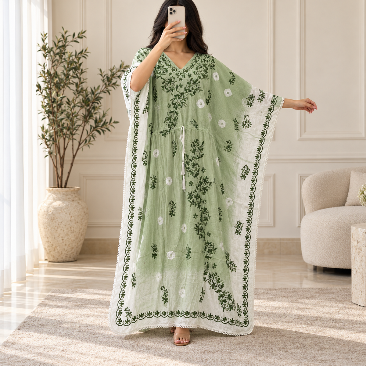 Free Size Farasha Embriodered Printed Cotton Long Dress Jalabiya – 57"