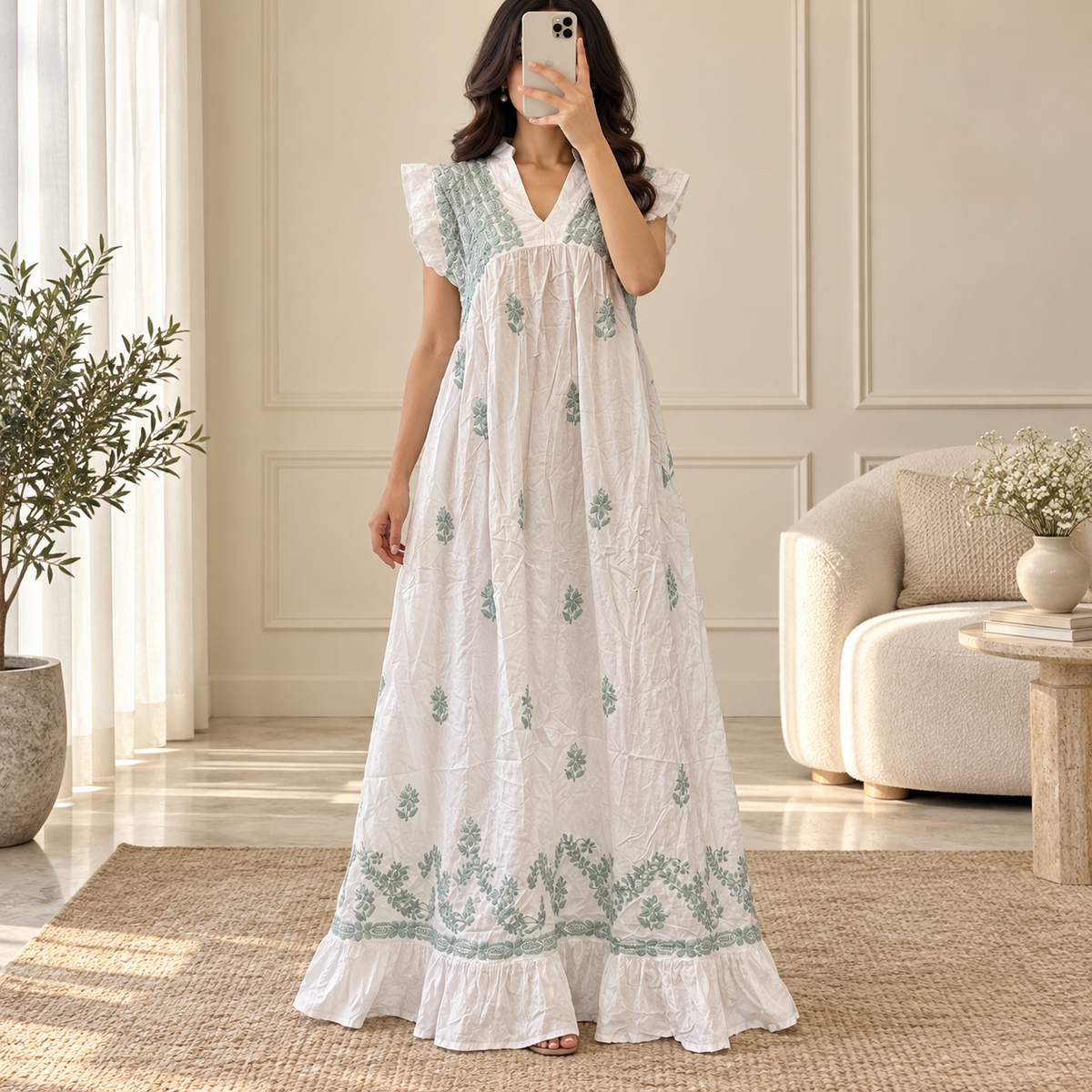 S/M Amani Embroidery Printed Cotton Dress 57" Short Sleeves Jalabiya
