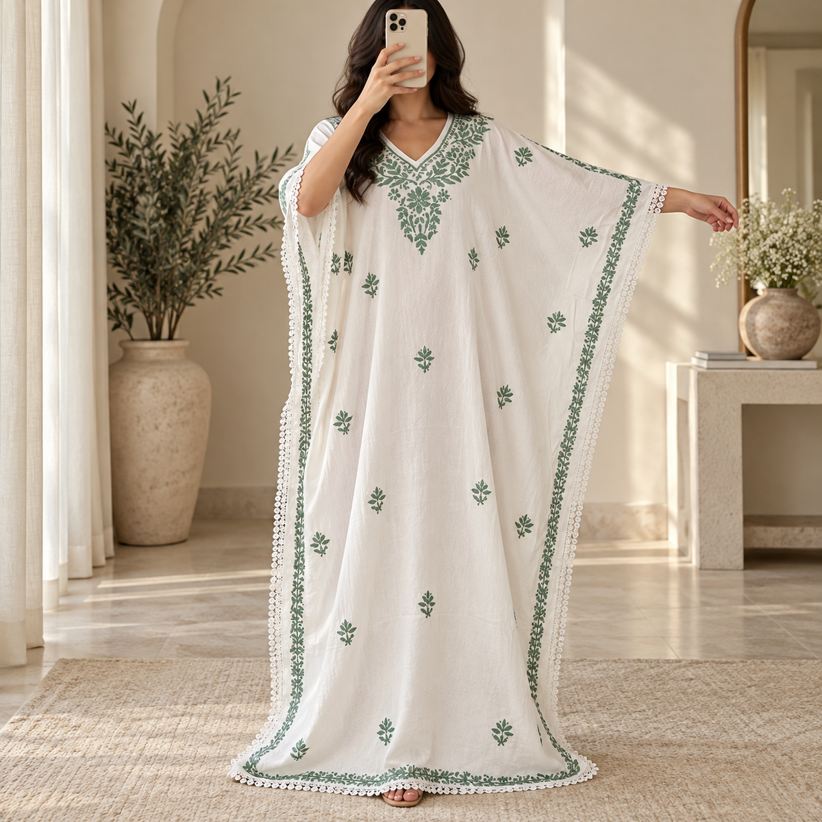 Free Size Farasha Embriodered Printed Cotton Long Dress Jalabiya – 57"