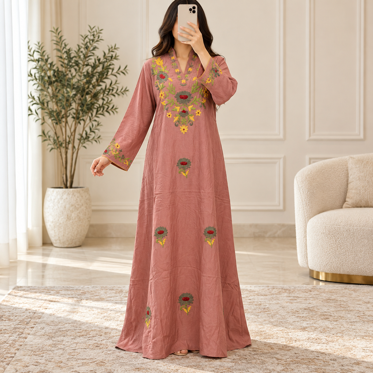 S/M Teena Embroidery Printed Cotton Long Dress Jalabiya – 57