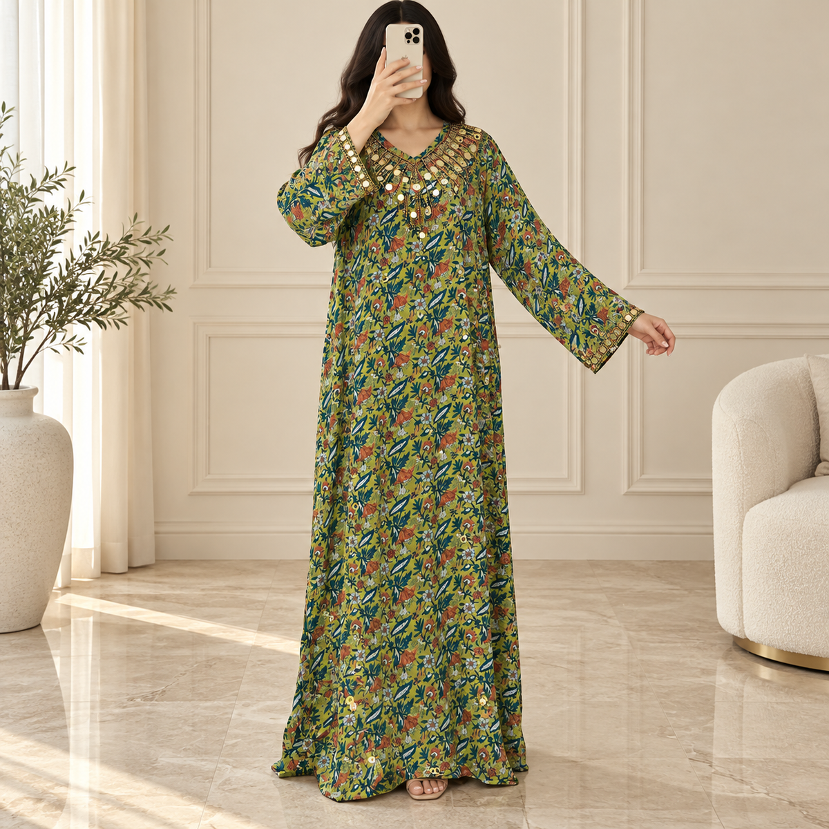 S/M Special Crystal Printed Cotton Long Dress Jalabiya – 57