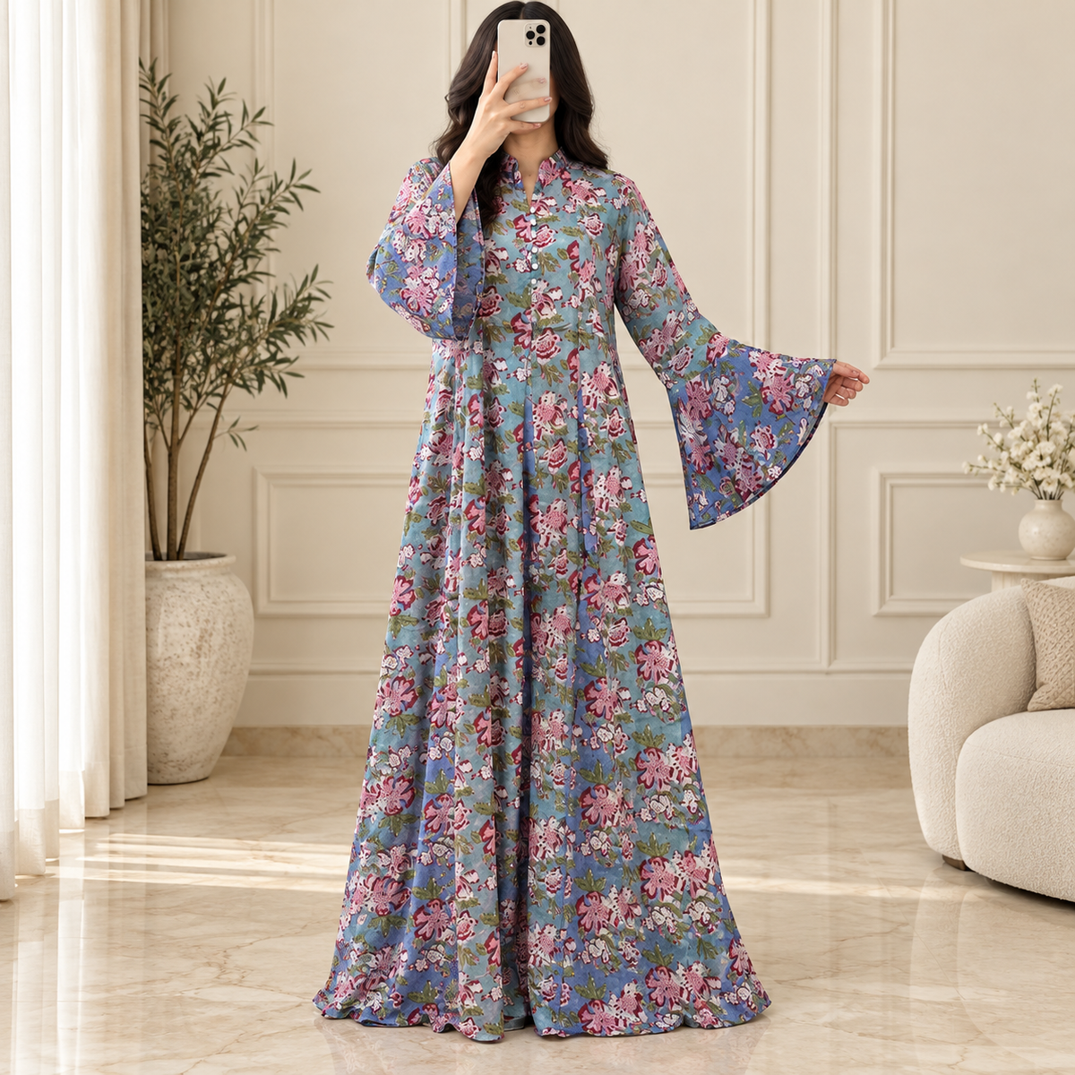 S/M Luaby Printed Cotton Long Dress Jalabiya – 57