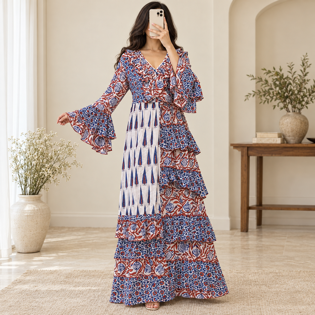 L/XL Sabah Printed Cotton Long Dress Jalabiya – 57"