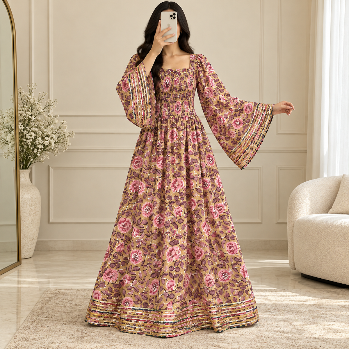 XS/S Elzina Printed Cotton Long Dress Jalabiya – 54"