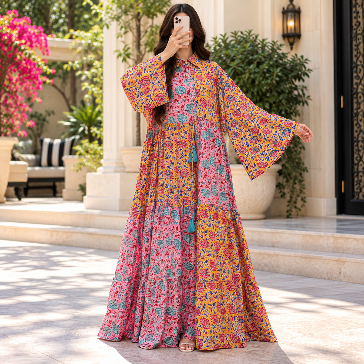 L/XL Fatim Printed Cotton Long Dress Jalabiya – 57"