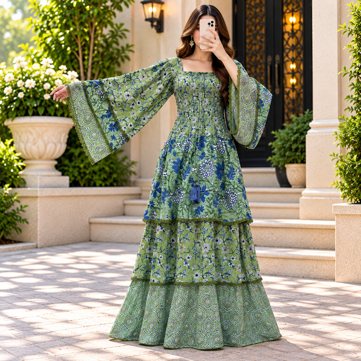 S/M Rahima Printed Cotton Dress 57" Long Jalabiya