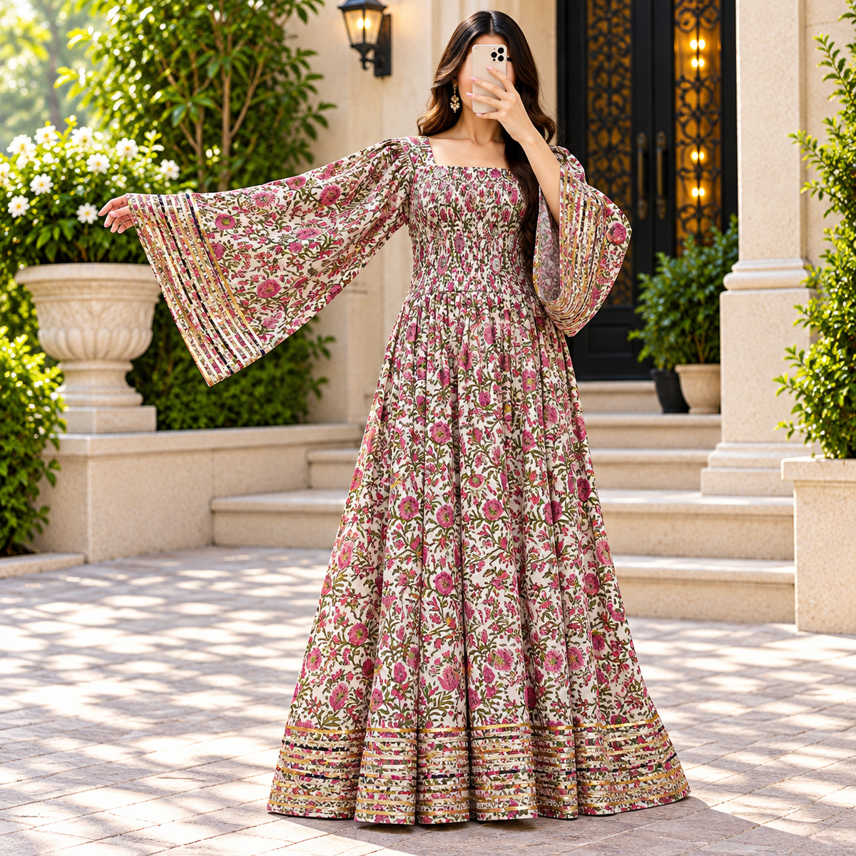 S/M Elzina Printed Cotton Dress 57" Long Jalabiya
