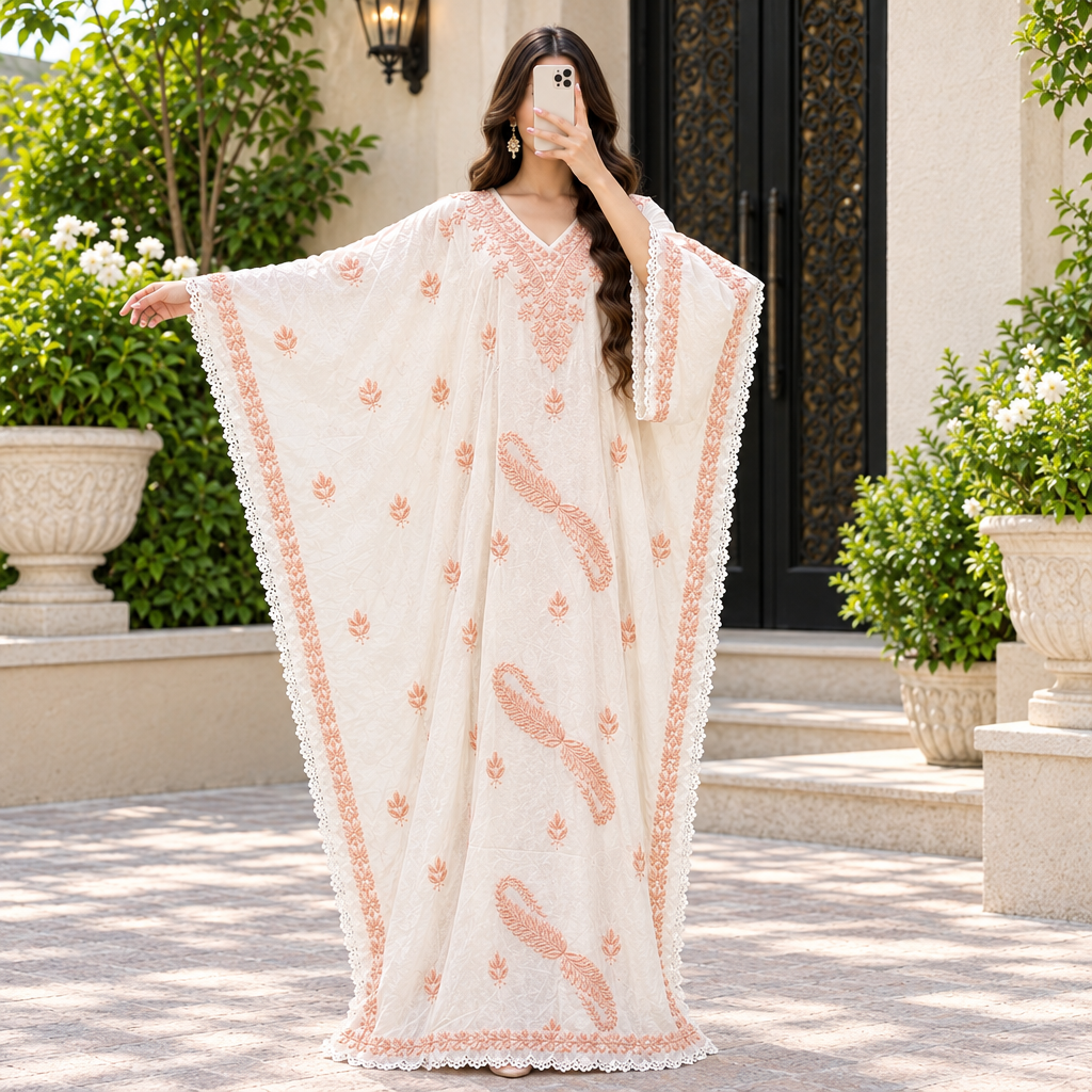 Free Size Farasha Embriodered Printed Cotton Long Dress Jalabiya – 57"