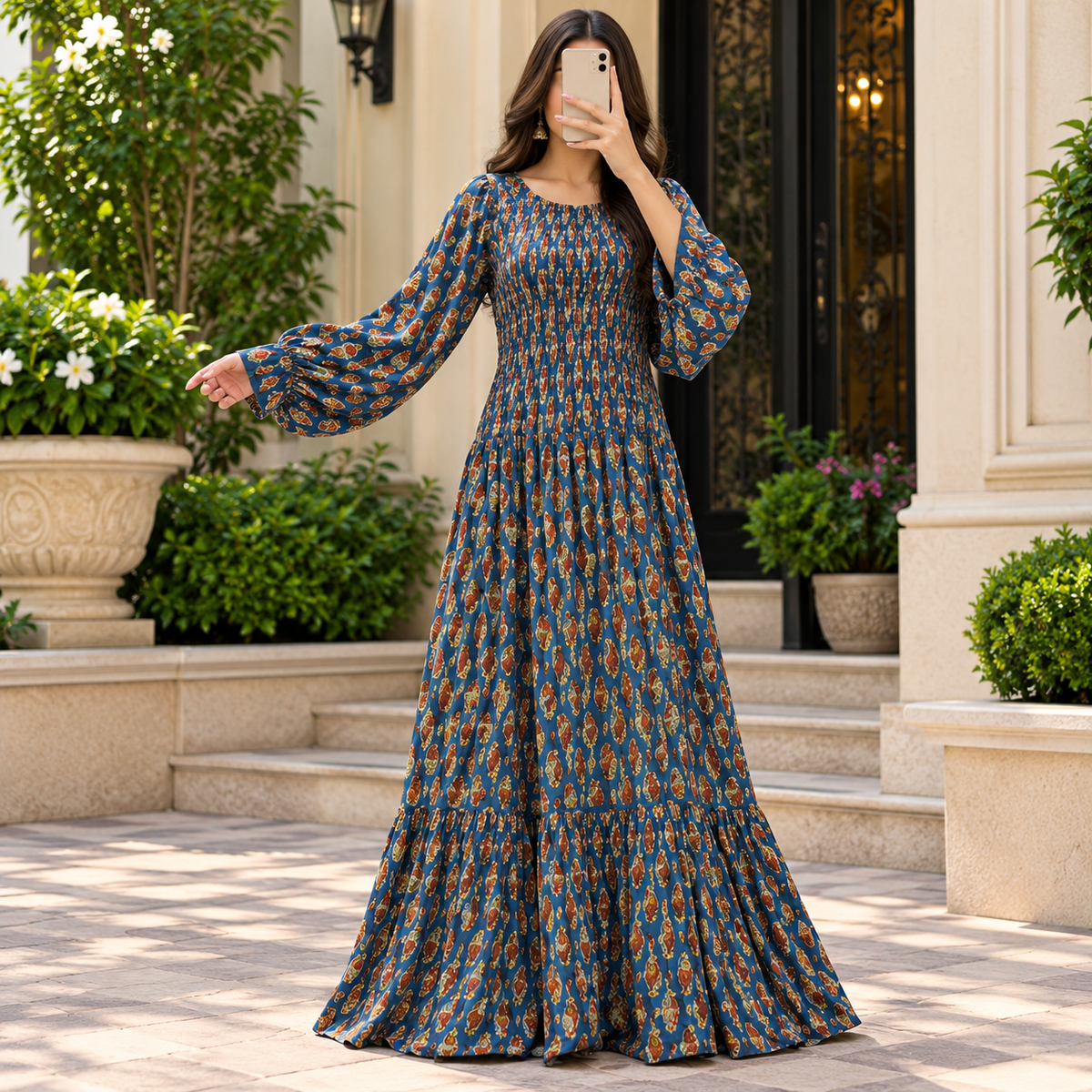 L/XL Special Printed Cotton Long Dress Jalabiya – 57"