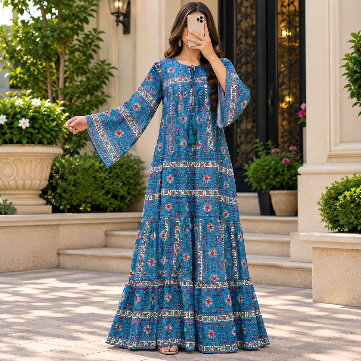 S/M Abiya Printed Cotton Dress 57" Long Jalabiya