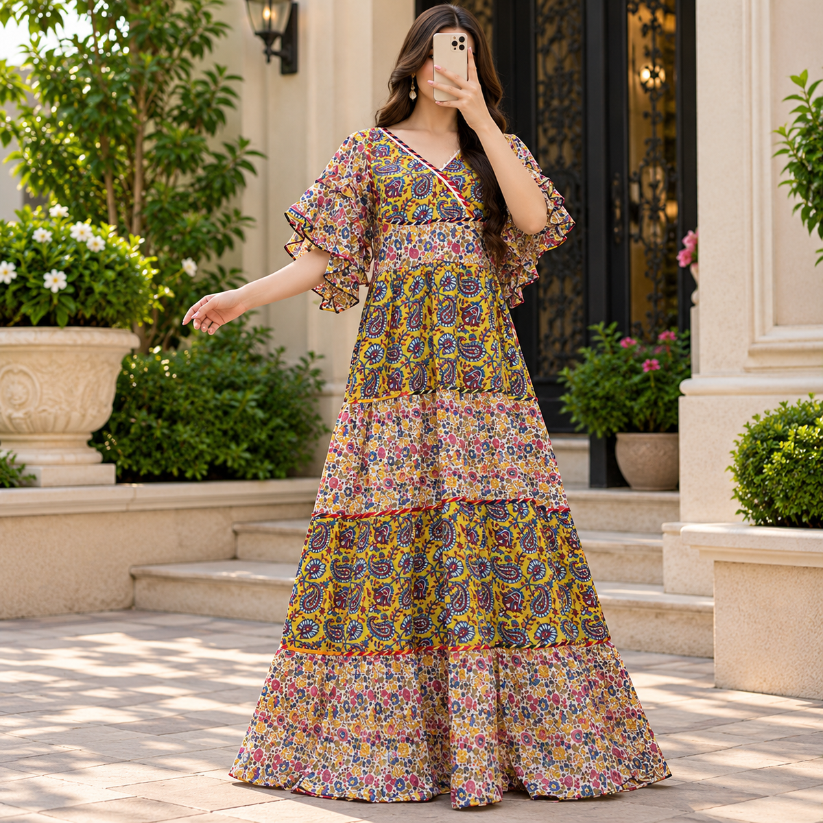 L-XL Dahlia Printed Cotton Dress 57" Long Jalabiya