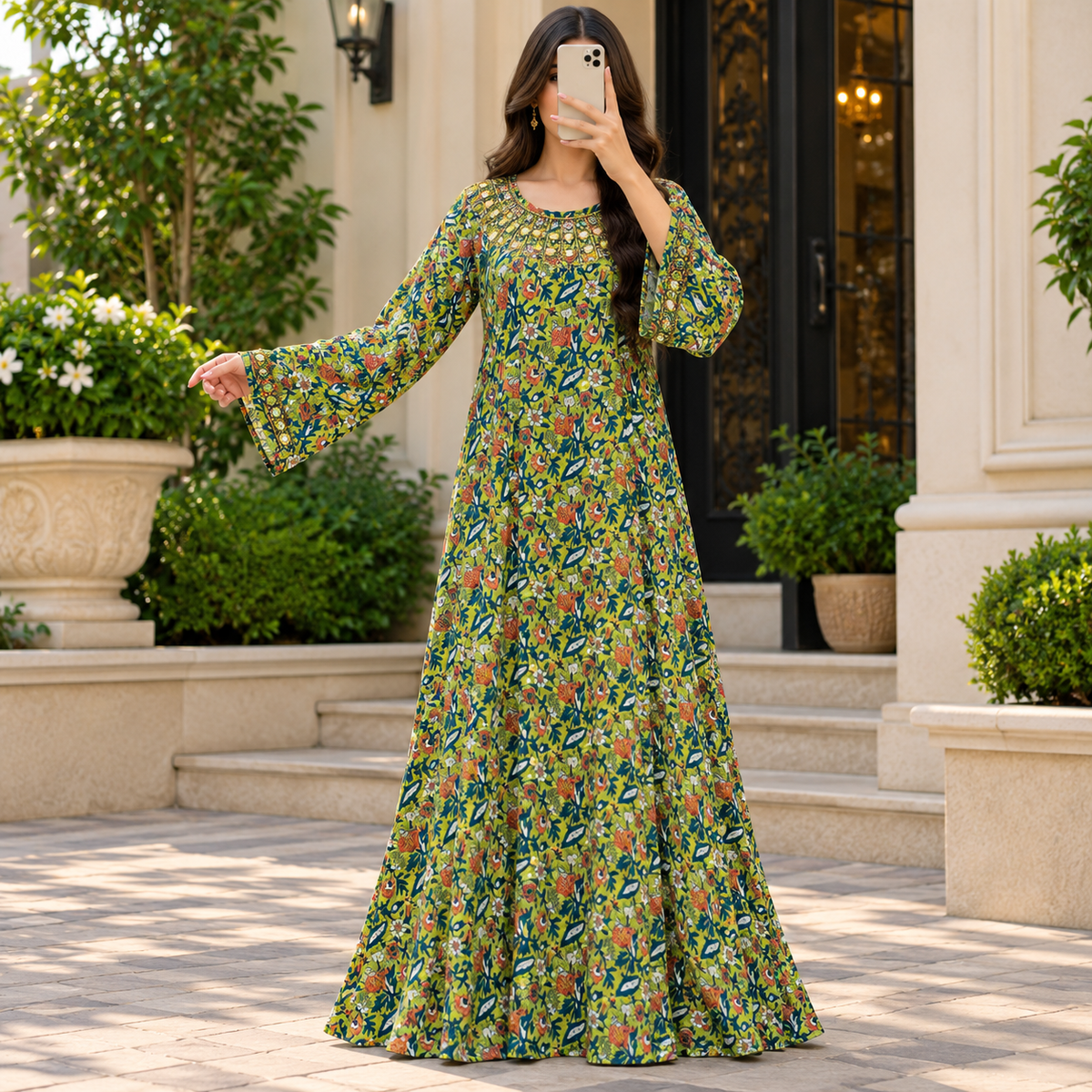 S/M Bhopali Crystal Printed Cotton Dress 57" Long Jalabiya