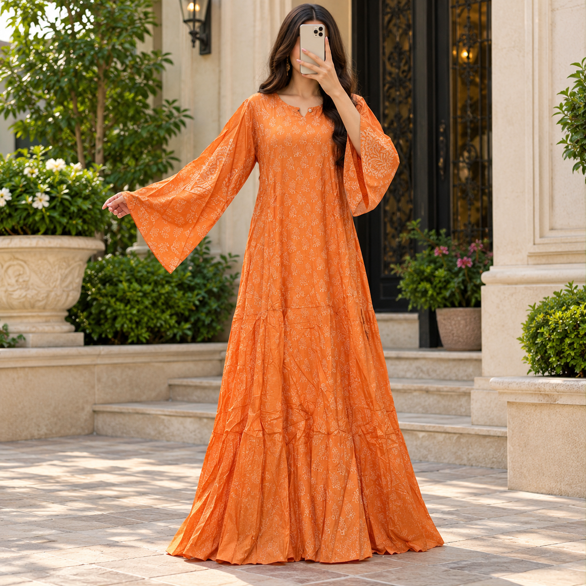 L-XL Moon Printed Silk Dress 57" Long Jalabiya
