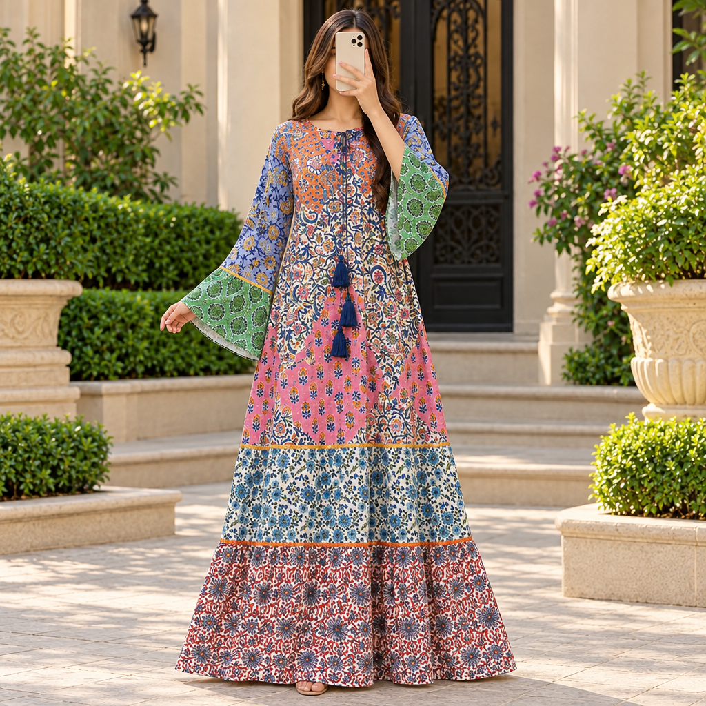 L/XL Special Printed Cotton Long Dress Jalabiya – 57"