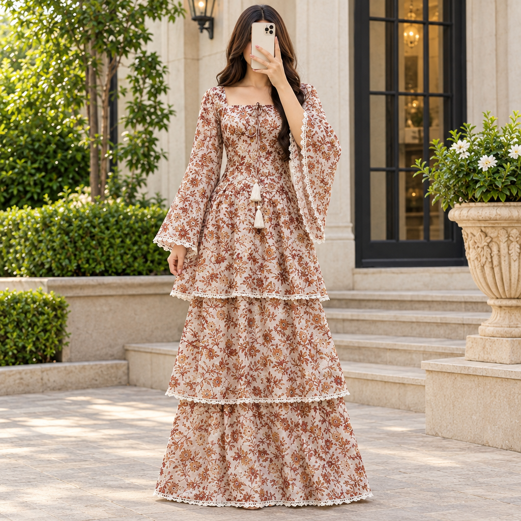 S/M Rahima Printed Cotton Dress 57" Long Jalabiya