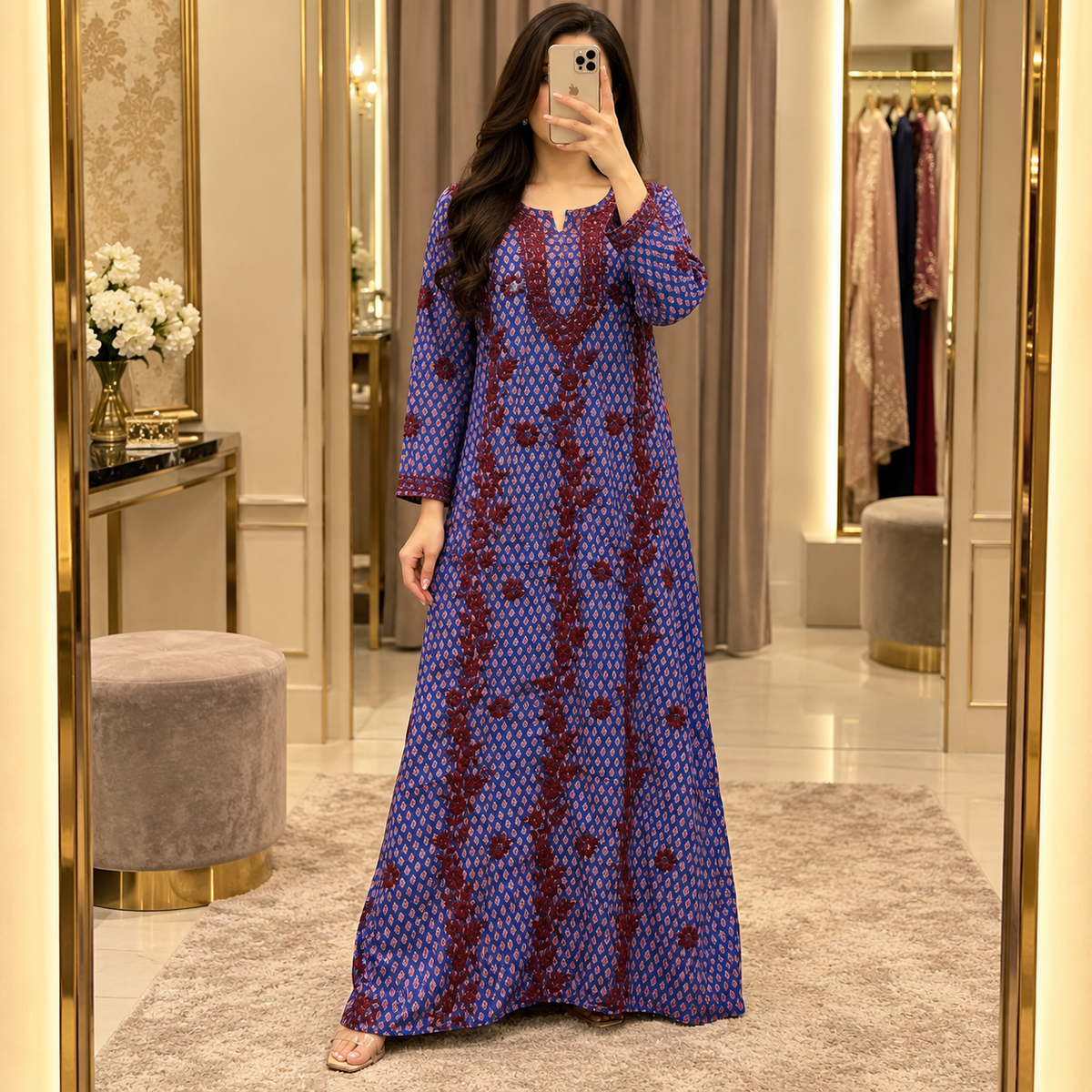 L/XL Kafia Embroidrey  Printed Cotton Long Dress Jalabiya – 57