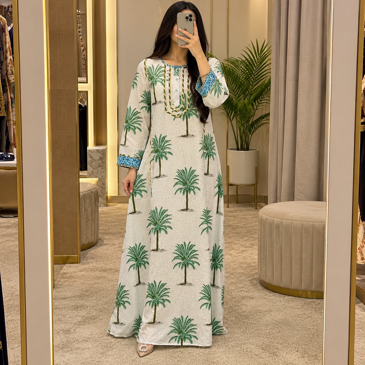 S/M Ejlal Printed Cotton Long Dress Jalabiya – 57