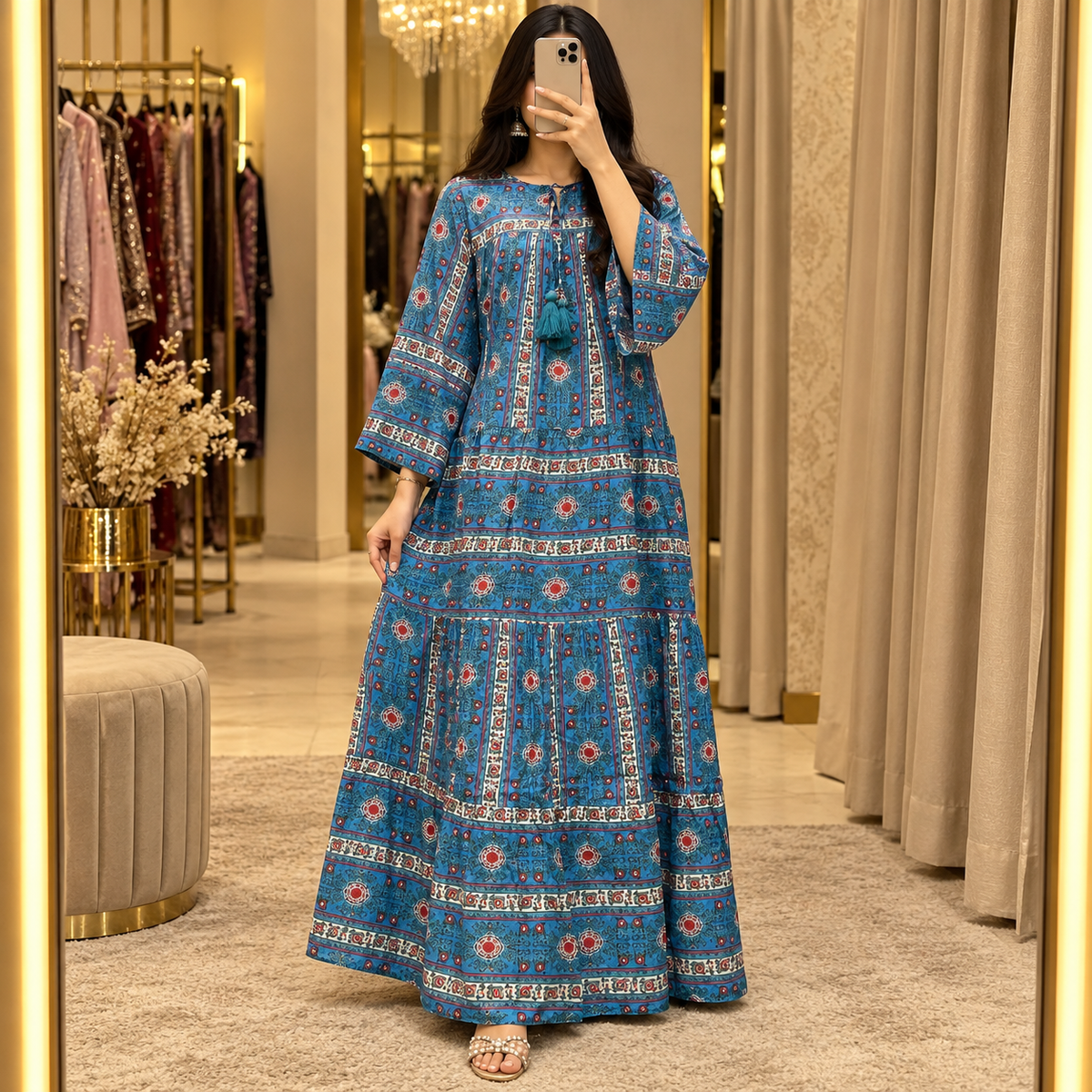 S/M Abiya Printed Cotton Long Dress Jalabiya – 57"